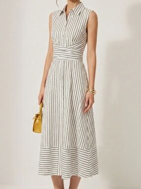 Striped Collared Sleeveless Tie Waist Midi Dress